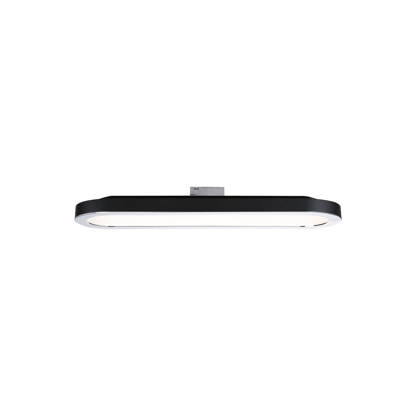 Luce da soffitto lunga, nera, a forma ovale con una luce bianca all'interno.