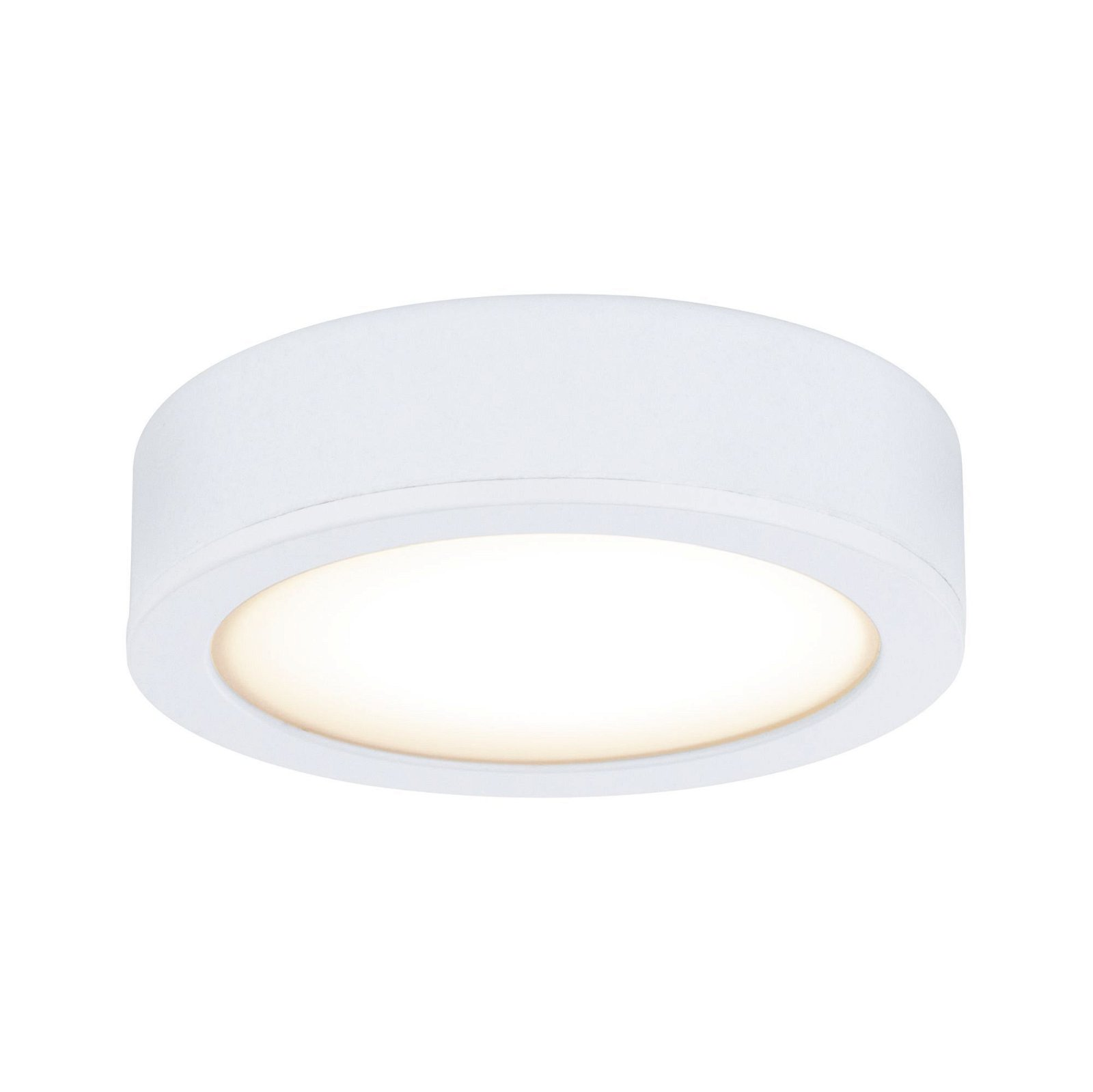 Un apparecchio di illuminazione a soffitto circolare bianco con una luce soffusa e calda che irradia dall'interno.