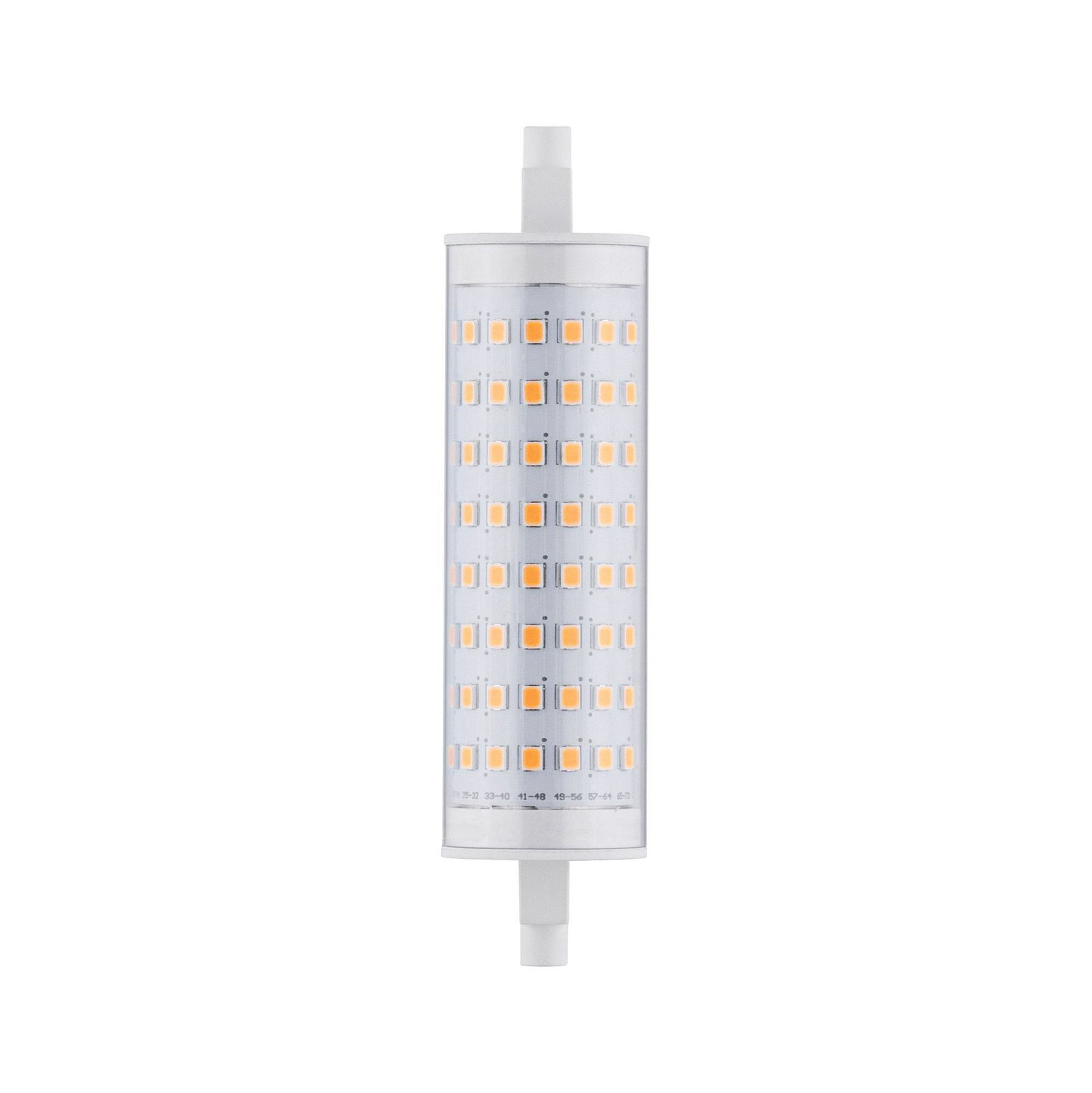 Eine lange LED-Lampe mit orangefarbenen Elementen wird auf weißem Hintergrund gezeigt.