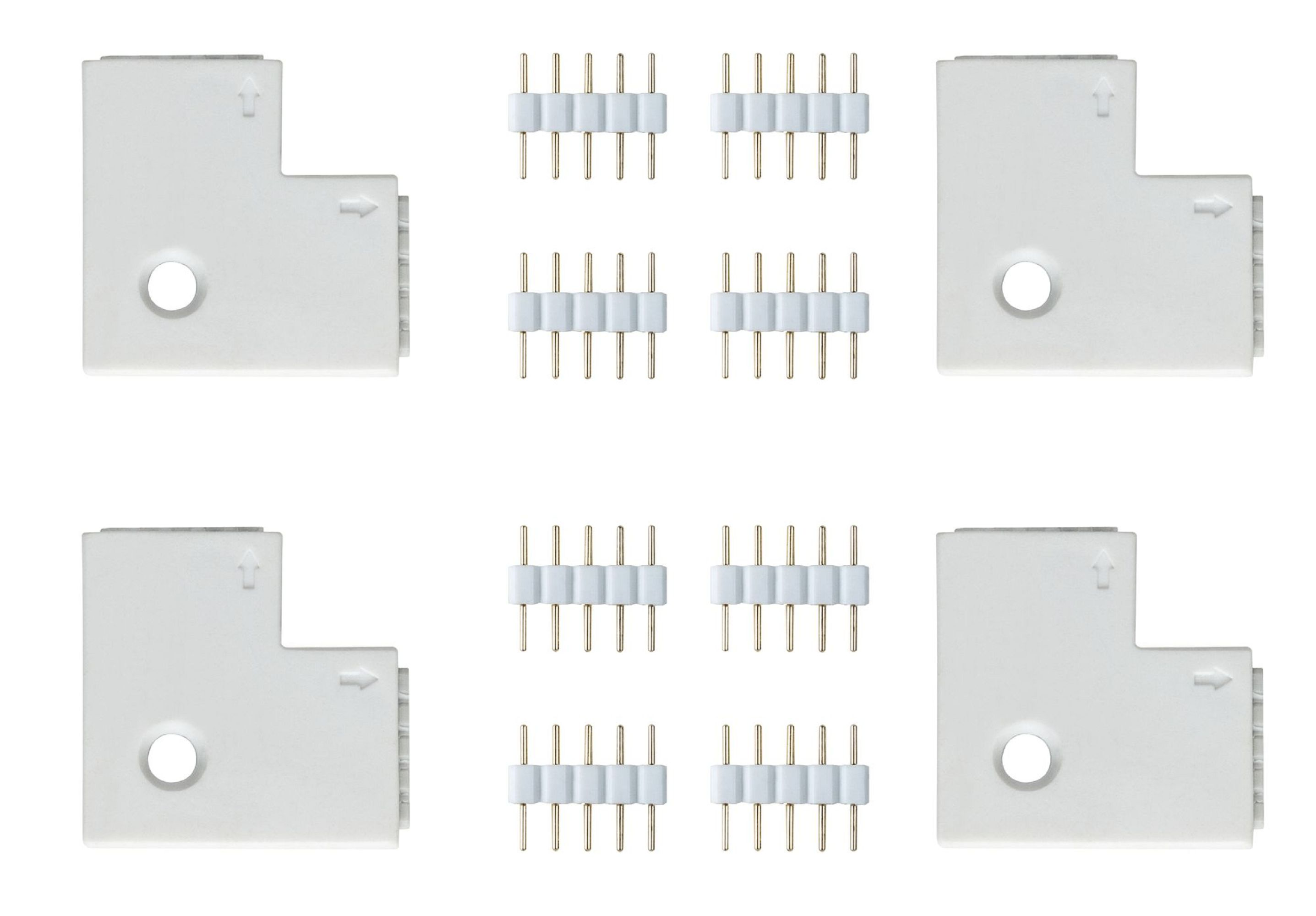 Wiele białych złączy ze złotymi pinami. Znajdują się na białym tle.
