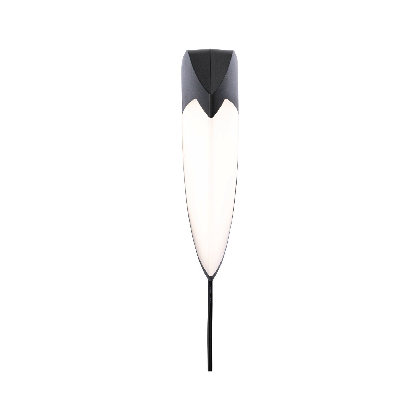 Moderne Wandleuchte in Weiß und Schwarz, mit schwarzem Kabel, weißem Hintergrund. Die Lampe hat ein längliches Design.