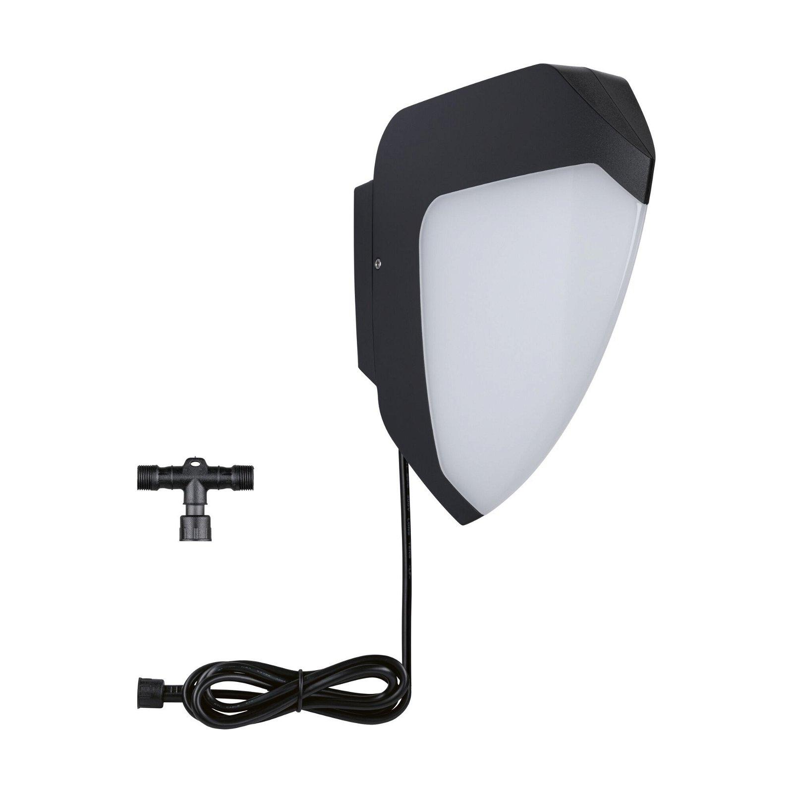 Außenwandleuchte mit schwarzem Finish und T-Stecker. Das Licht ist an.