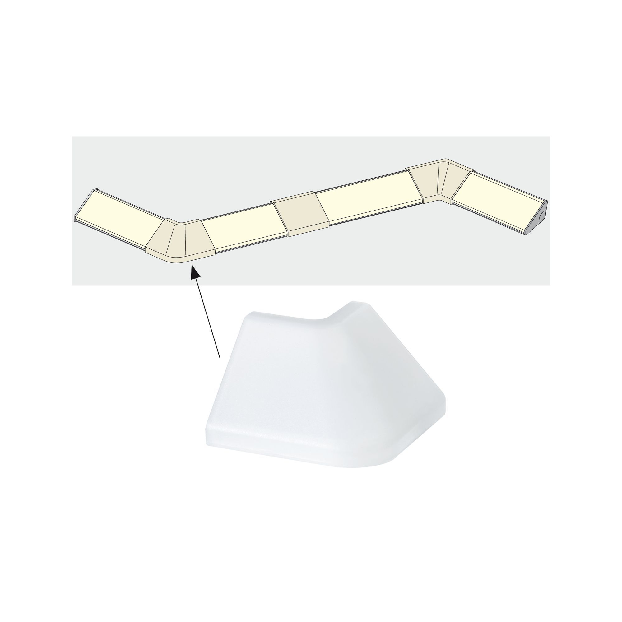 Un elemento angolare in plastica bianca con una freccia che punta all'angolo di un apparecchio di illuminazione.