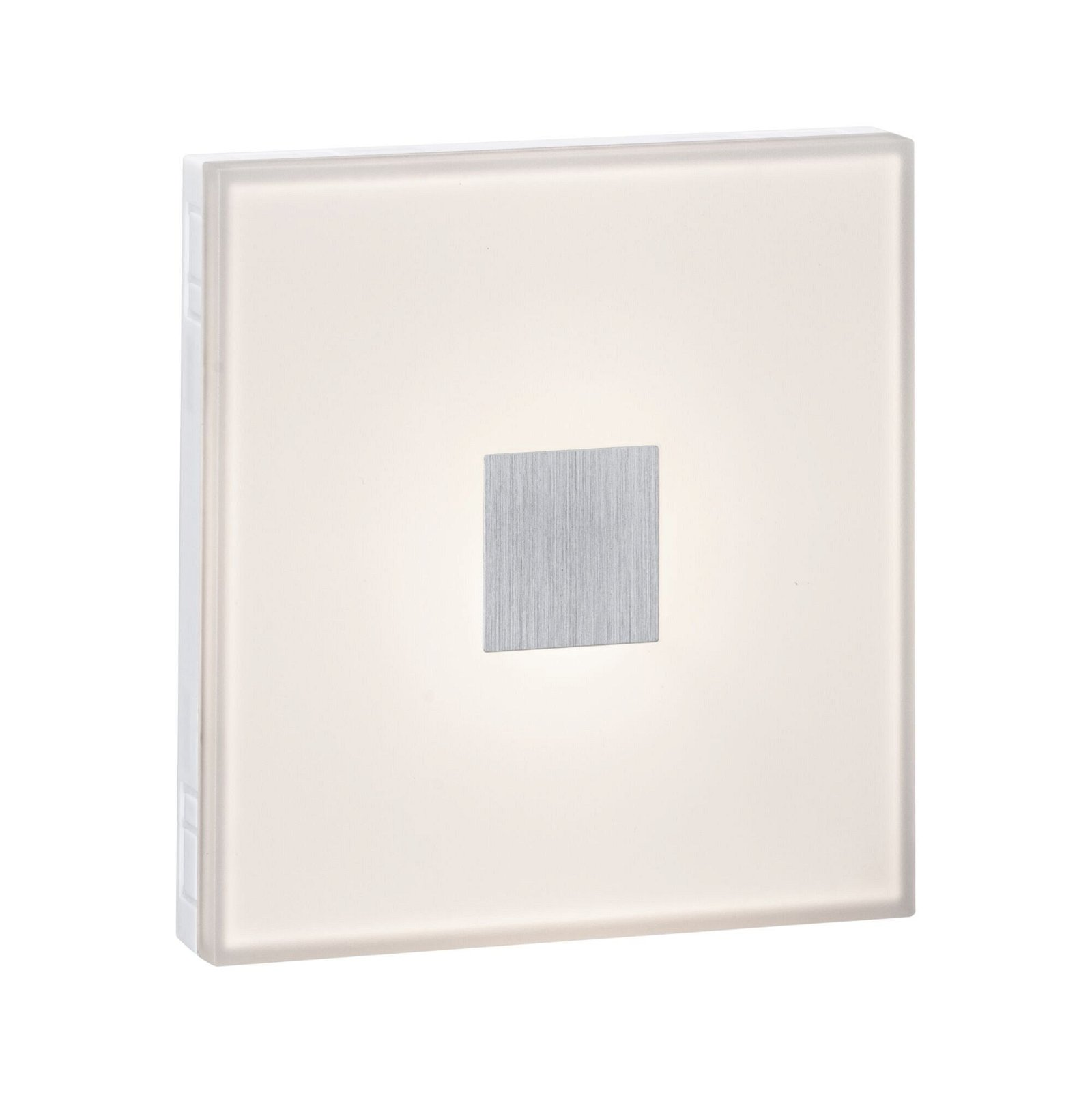 Un apparecchio di illuminazione quadrato bianco con un quadrato argentato al centro.
