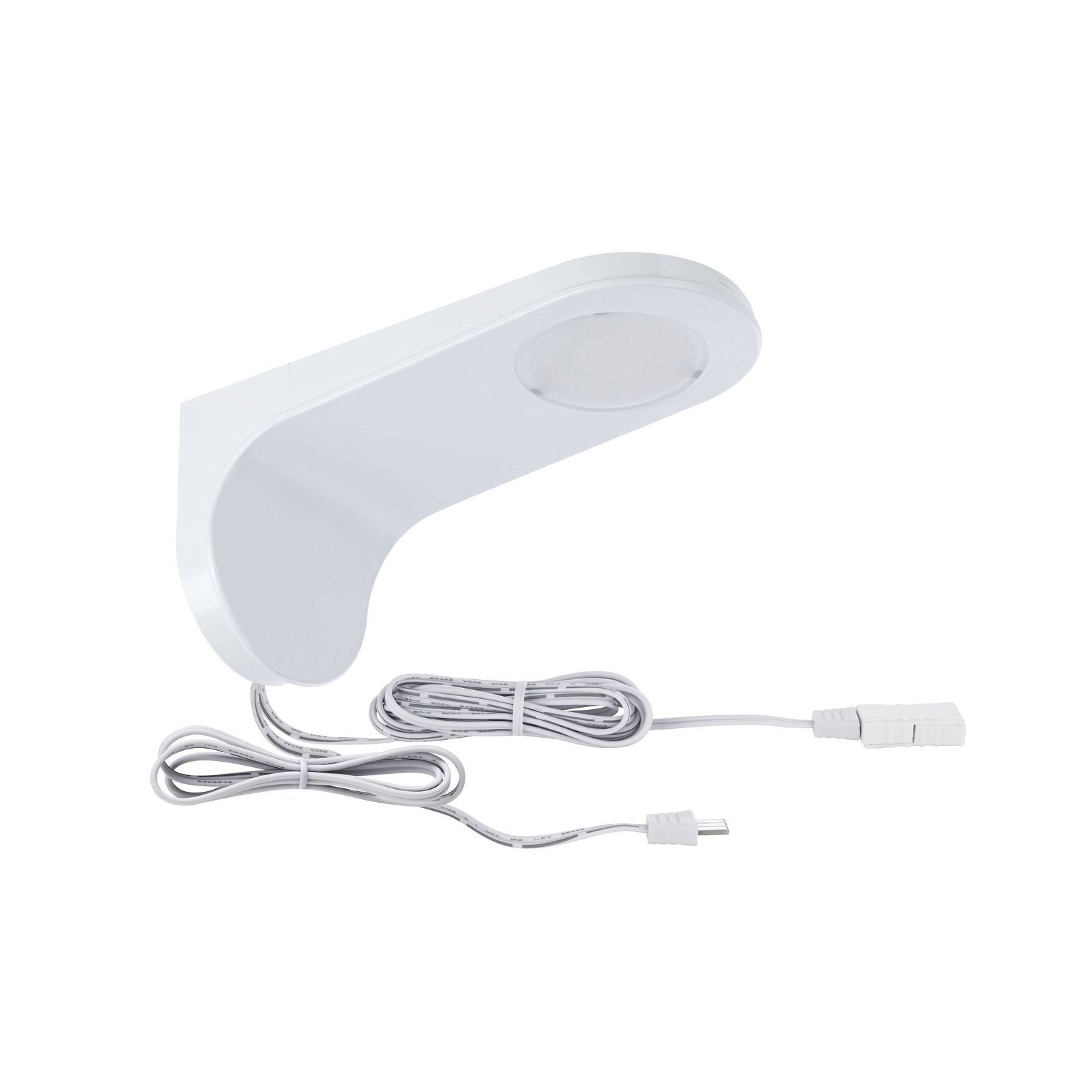 Weiße Wandleuchte mit USB-Kabel und Stecker, isoliert auf Weiß.