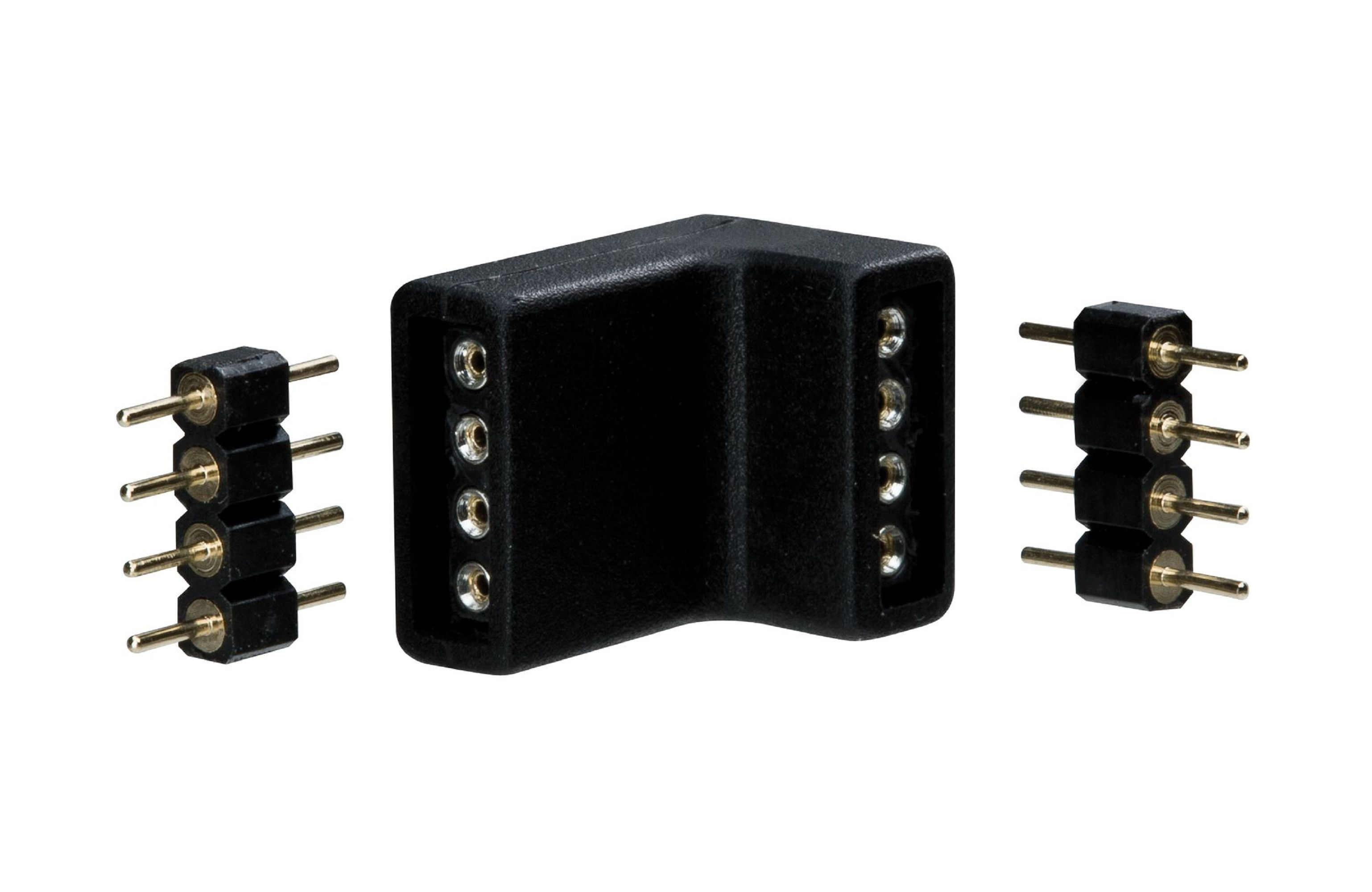 Drei schwarze L-förmige Stecker mit Pins für LED-Streifen.