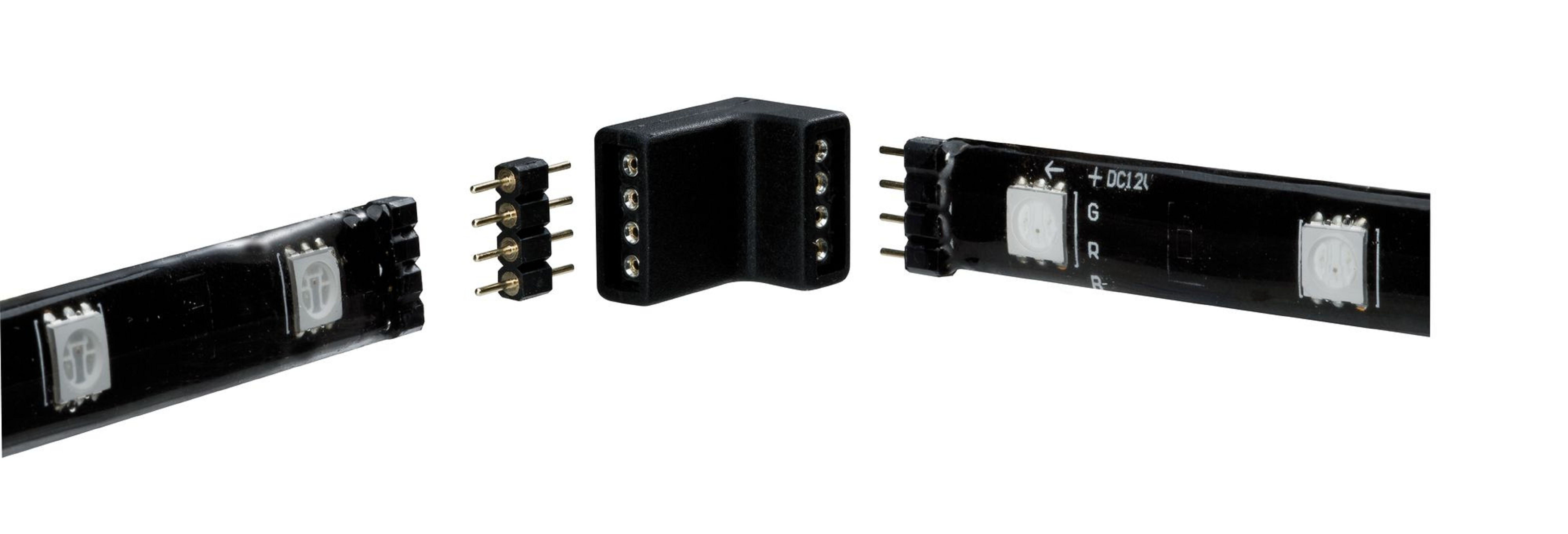 Ein Satz schwarzer LED-Lichtstreifen und ein Verbinder, montagebereit.