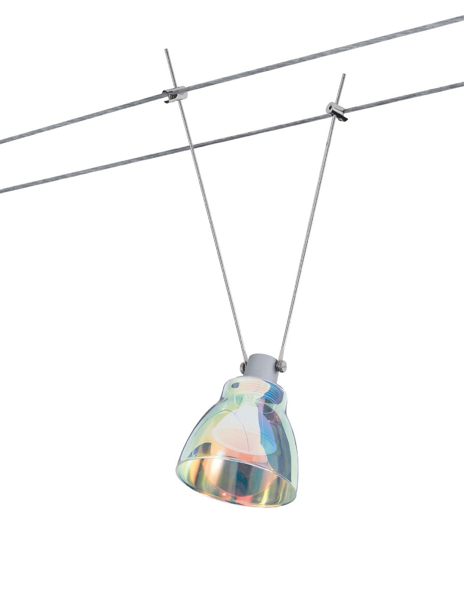 Eine Hängeleuchte mit einem mehrfarbigen Glasschirm, der an einem dünnen Draht hängt.