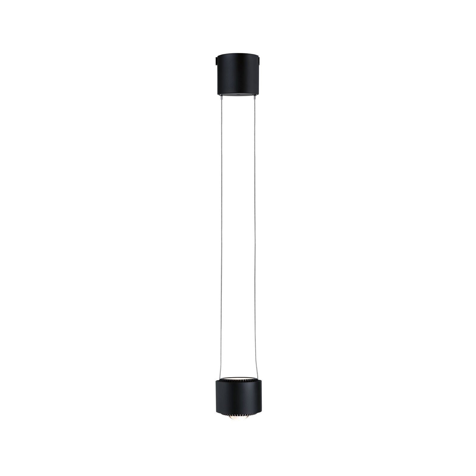 Schwarze zylindrische Pendelleuchte. Langes, schlankes Design. Einzelne Leuchte unten. Weißer Hintergrund.