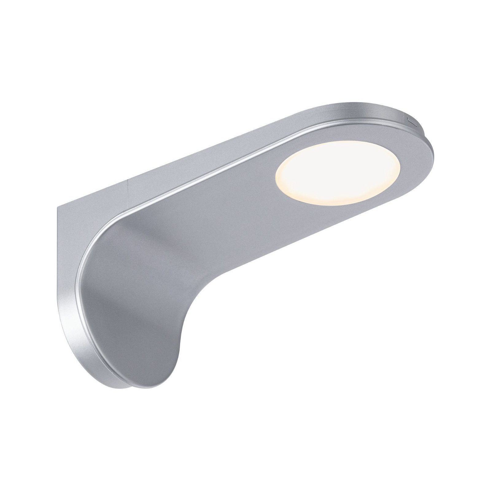 Un apparecchio di illuminazione a parete argentato e curvo con una sorgente luminosa circolare su sfondo bianco.