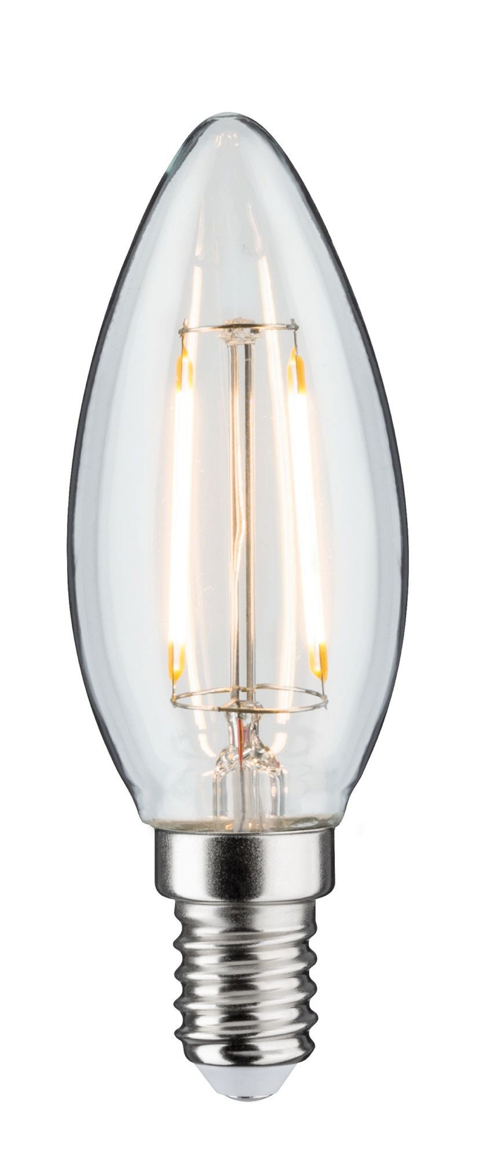 Lampadina trasparente con due filamenti verticali e base metallica.