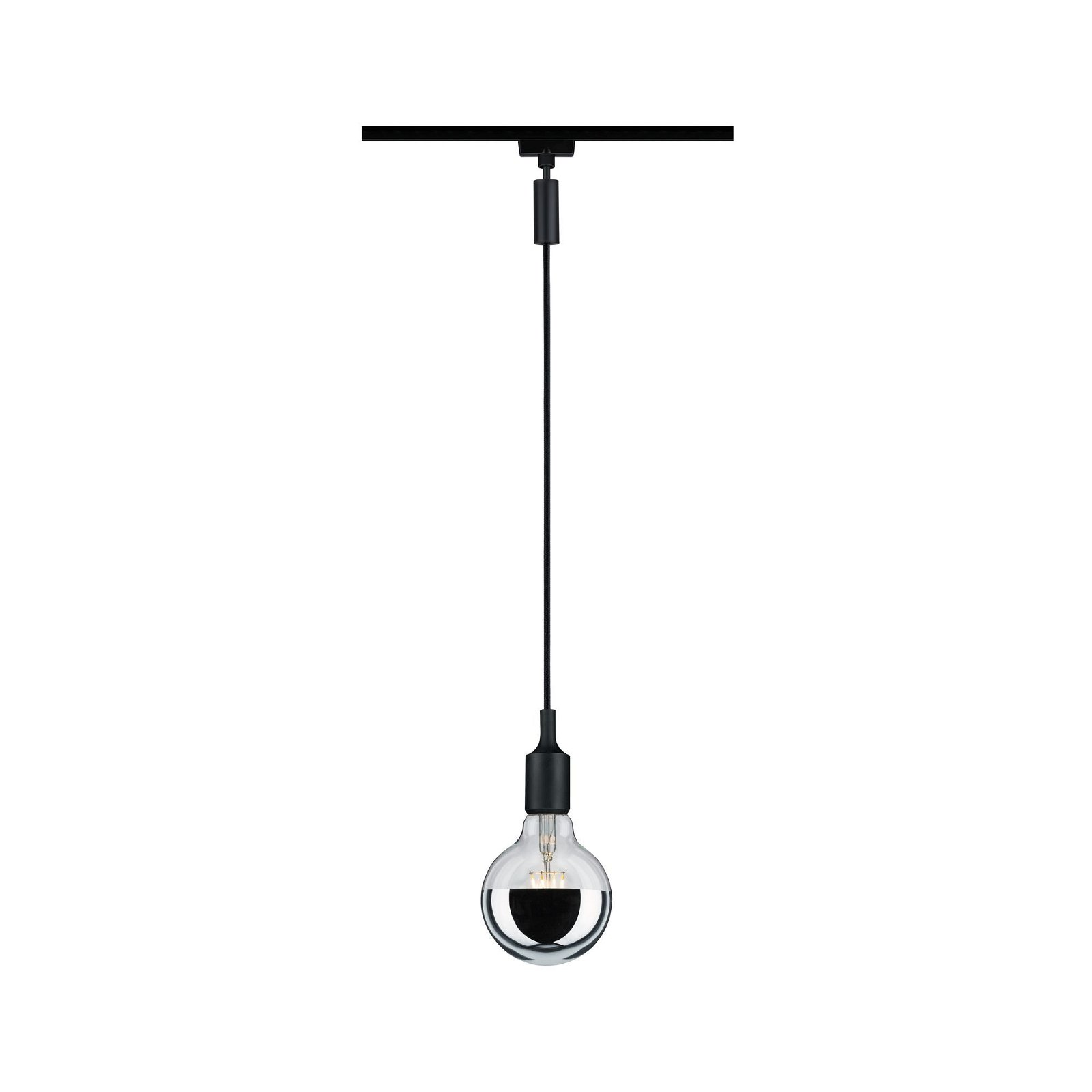 Czarna lampa wisząca z dużą, przezroczystą, półlustrzaną żarówką.