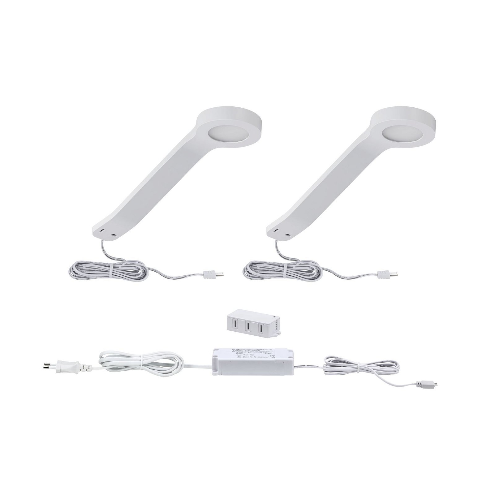 Zwei weiße LED-Leuchten mit Kabeln und Netzteil. Ein kleiner weißer Netzadapter ist ebenfalls vorhanden.
