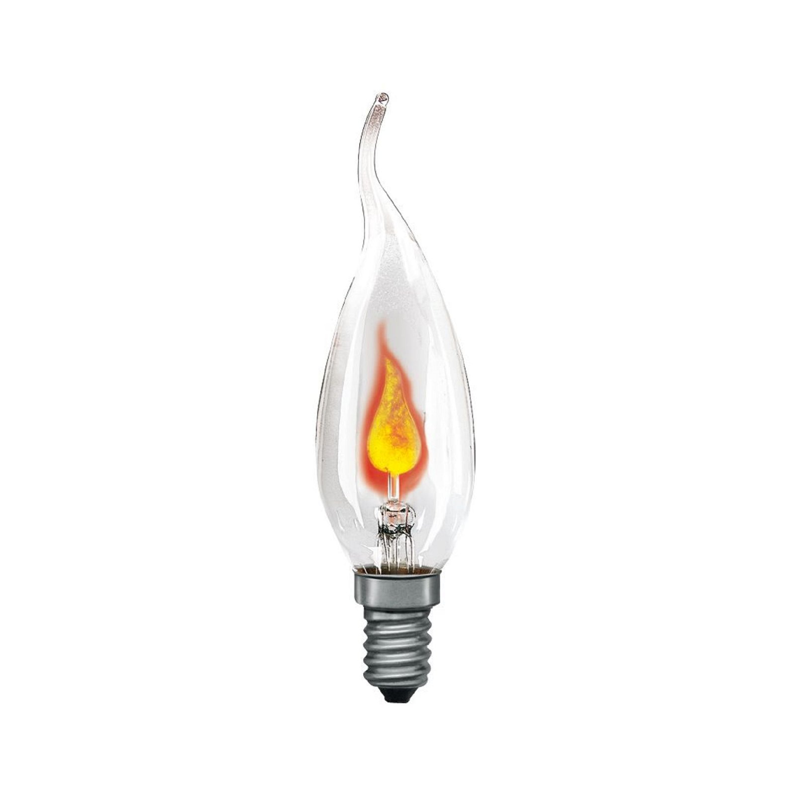 Eine flammenförmige Glühbirne mit klarem Glas und einer roten und gelben Flamme im Inneren.