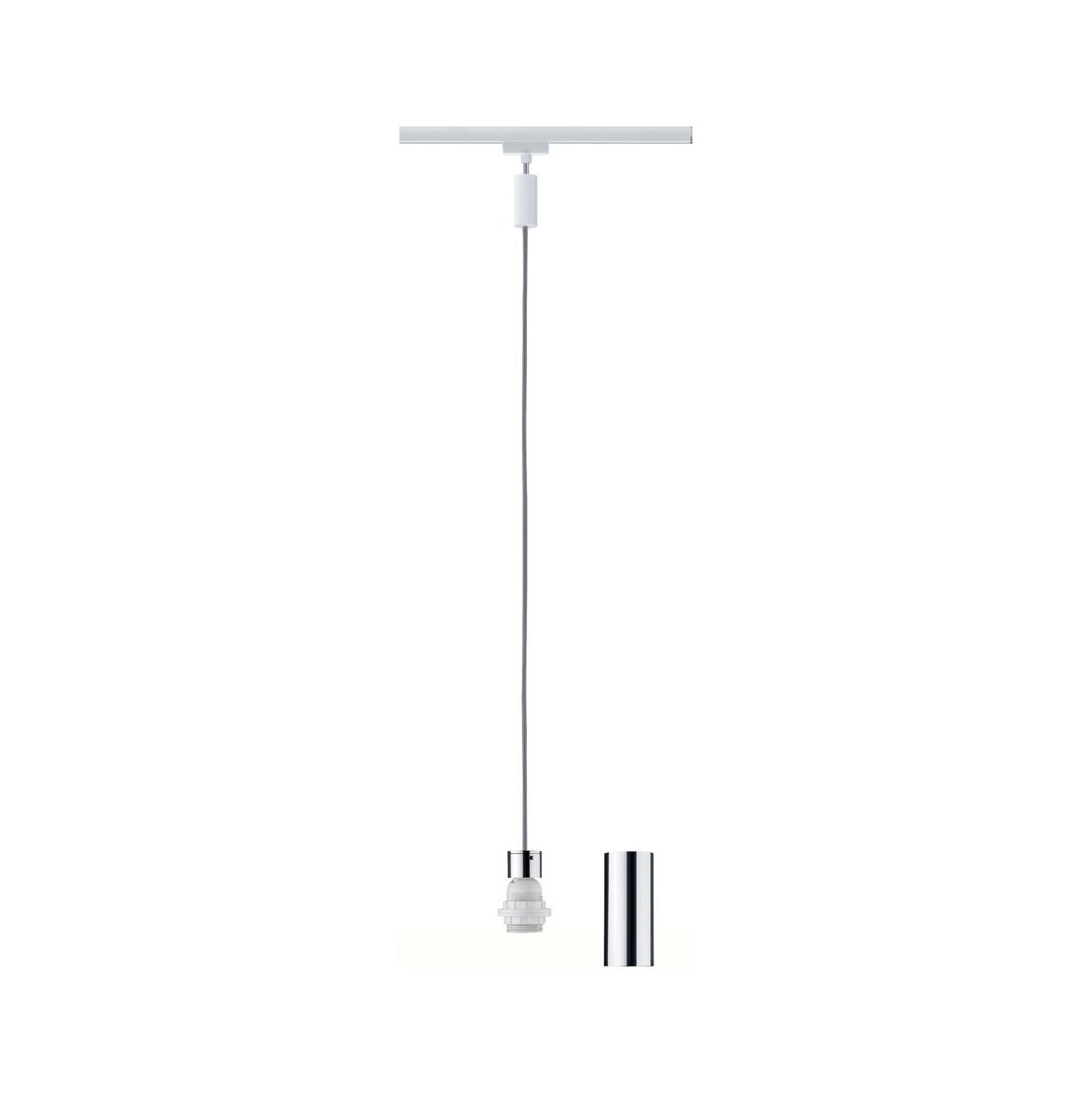 Biała lampa wisząca. Ma cienki, srebrny kabel i cylindryczną podstawę.