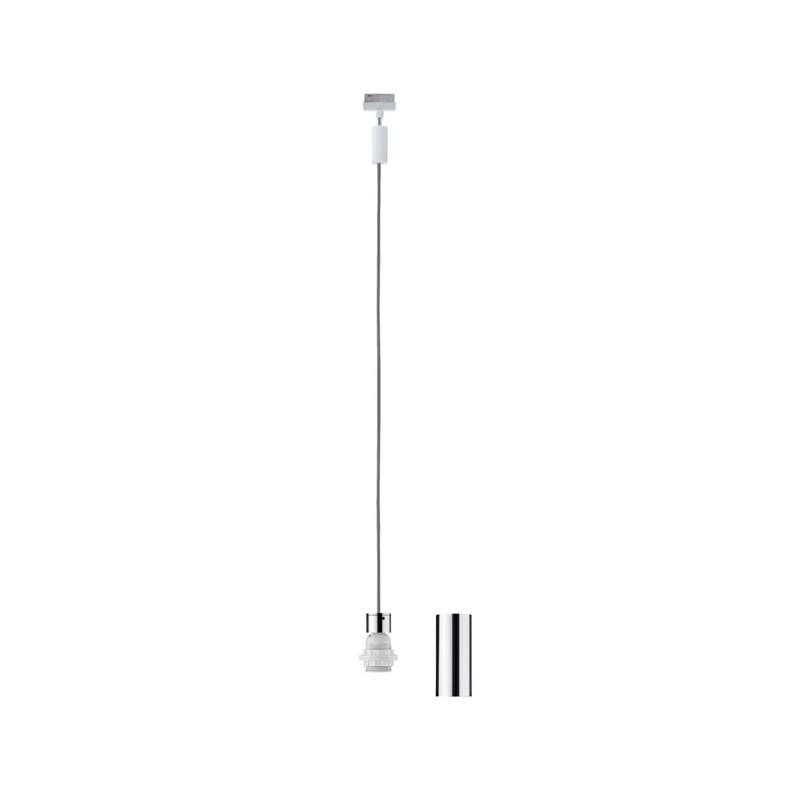 Lampa wisząca, z chromowaną podstawą, białym kablem i żarówką.