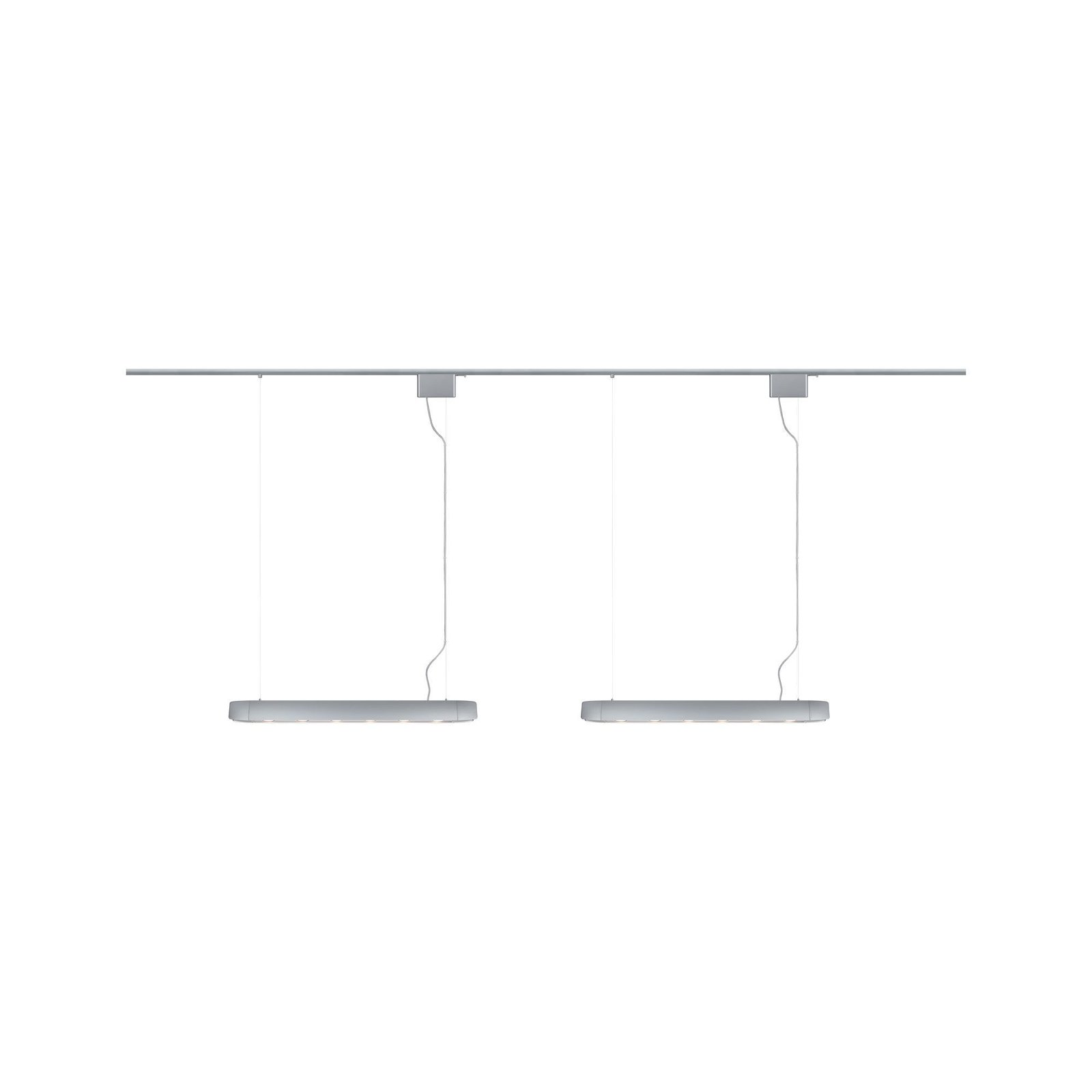 Eine moderne, silberfarbene LED-Leuchte mit mehreren Lichtern. Vor grauem Hintergrund.