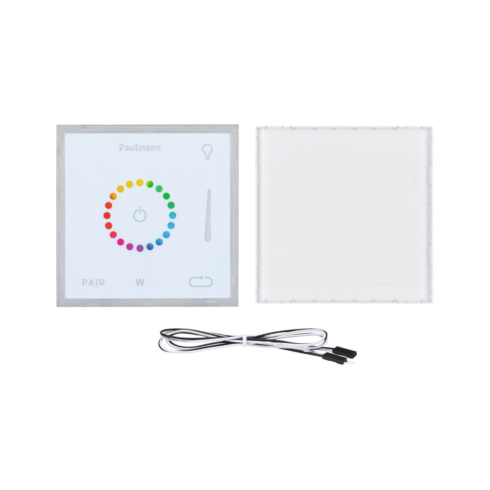 Modernes weißes Lichtschalter-Bedienfeld. Es hat ein Farbrad und Touch-Bedienelemente. W- und Pair-Etiketten sind vorhanden.