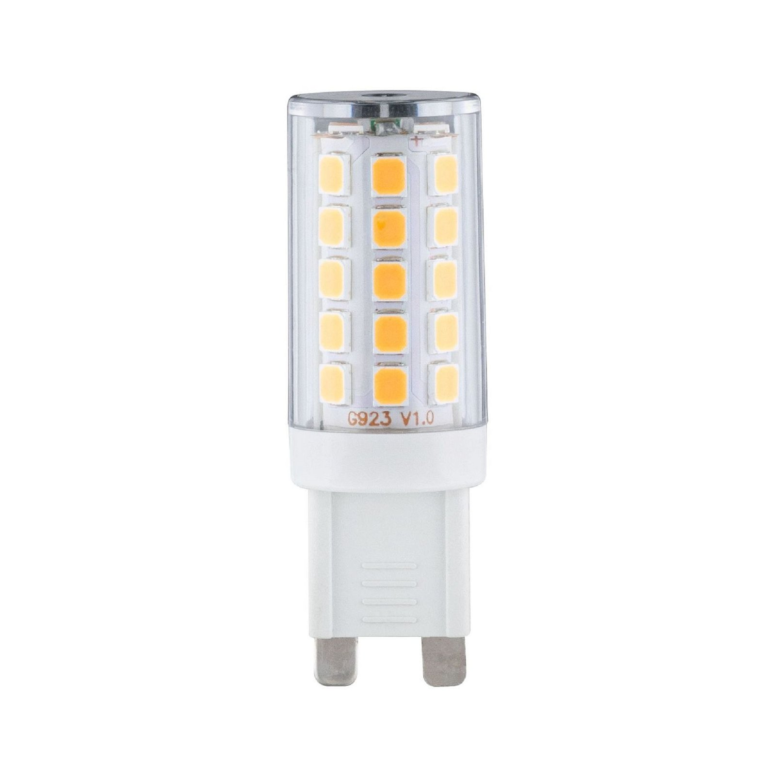 Eine lange LED-Glühbirne mit mehreren kleinen, orangefarbenen Lichtquellen im Inneren.