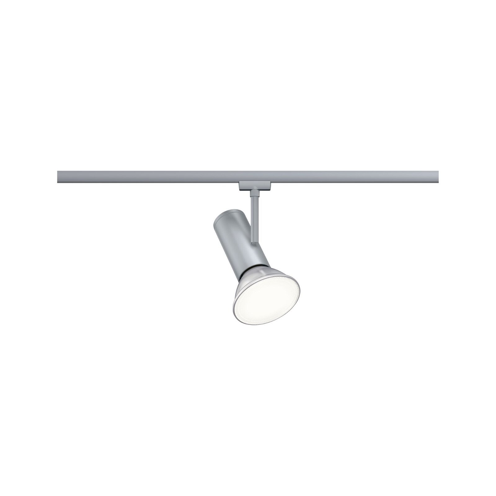 Silberner Strahler auf weißer Schiene. Weißer Hintergrund. Licht ist an.