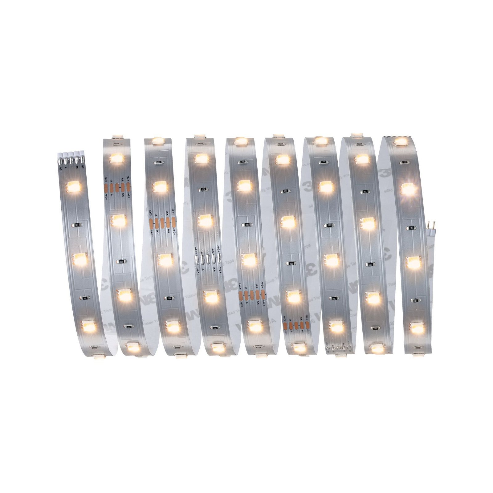 Aufgerollte LED-Streifenbeleuchtung. Die Lichter sind weiß, der Streifen ist silber.