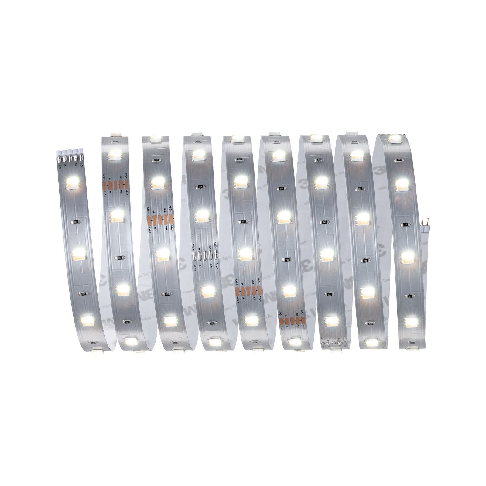 Eine Rolle LED-Lichtstreifen mit mehreren LEDs auf weißem Hintergrund.