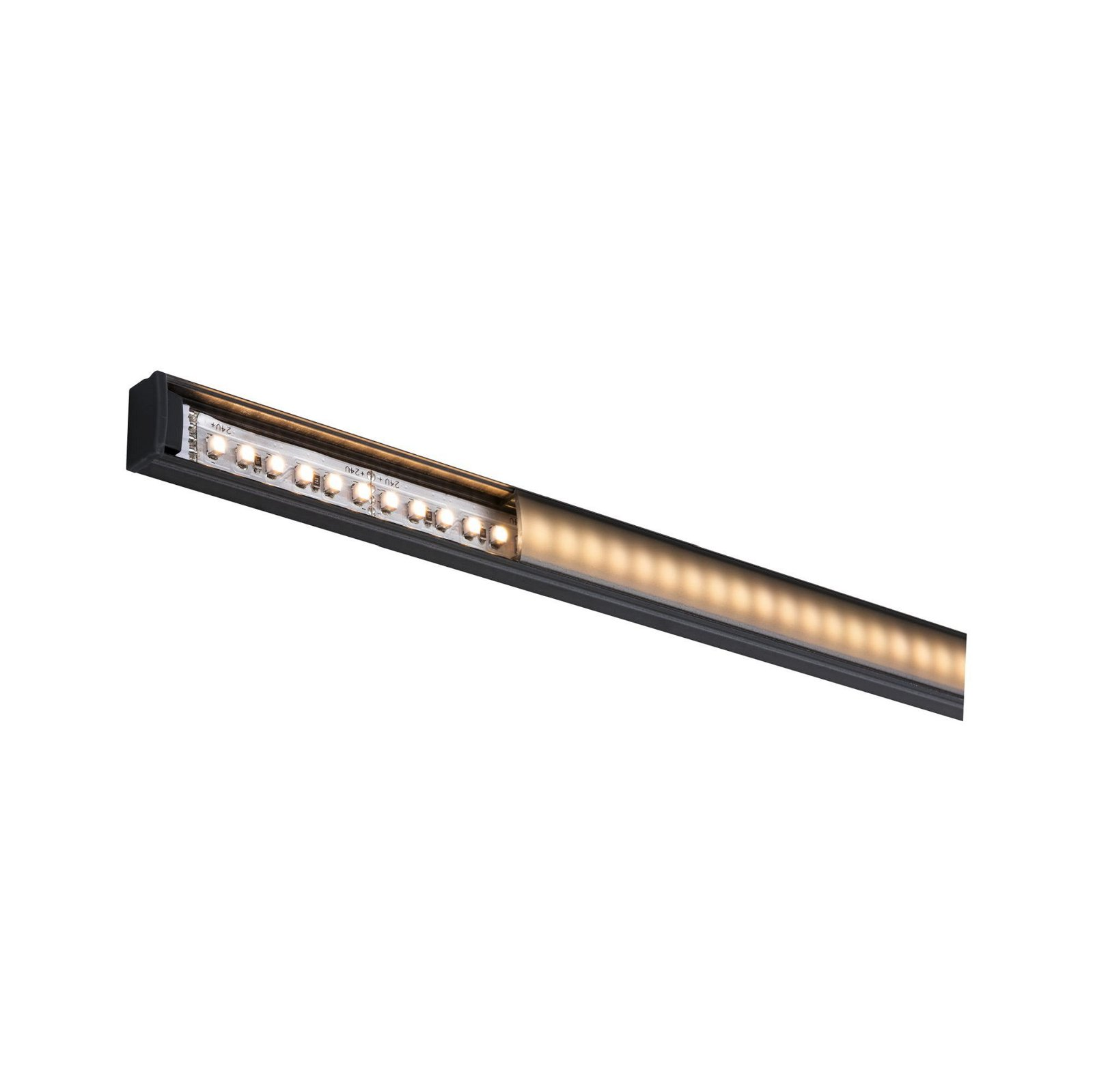 Schmale, schwarze LED-Leuchte. Rechteckig mit freiliegendem LED-Bereich.