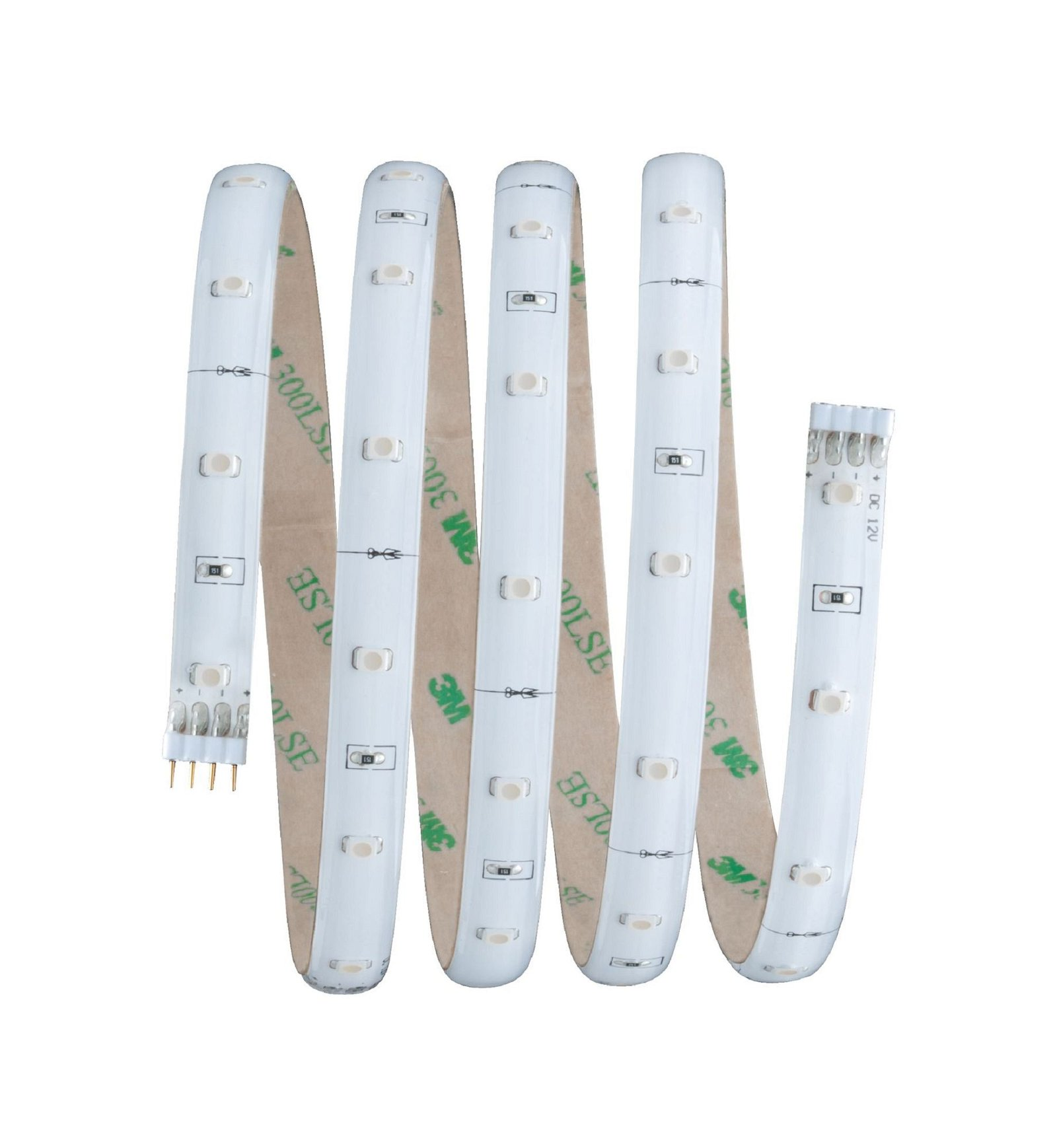 Weißer LED-Streifen mit Klebstoff auf der Rückseite und Stecker am Ende.