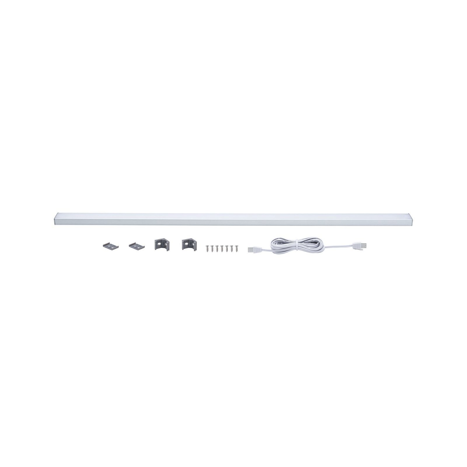 Lineare LED-Leuchte mit Befestigungsmaterial und Netzkabel.
