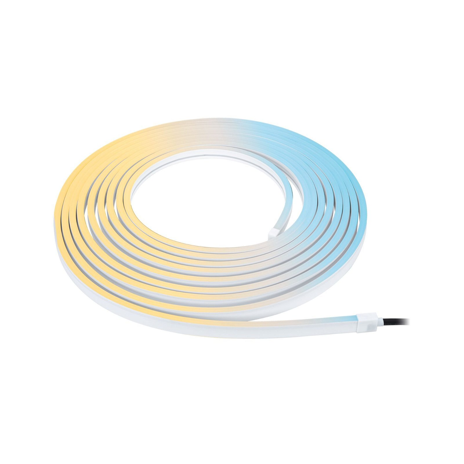 Aufgerollter LED-Lichtstreifen mit einem Farbverlauf von Gelb zu Blau.
