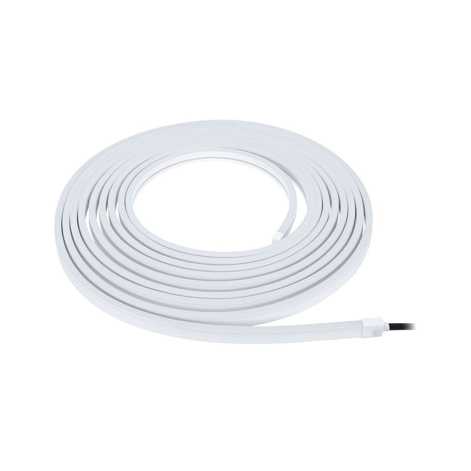 Ein aufgerolltes weißes LED-Band mit einem schwarzen Stecker.