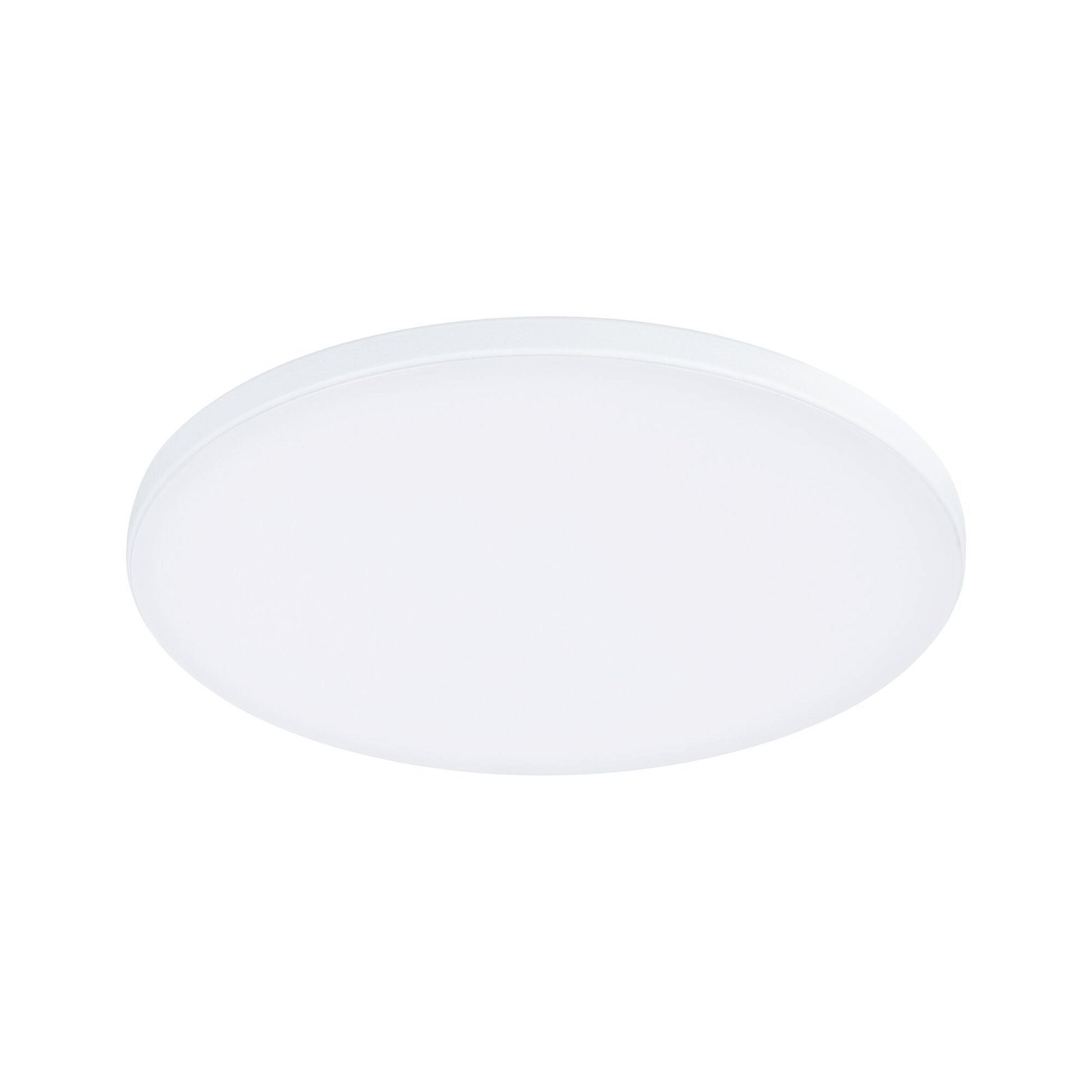 Biała, okrągła lampa sufitowa na białym tle.