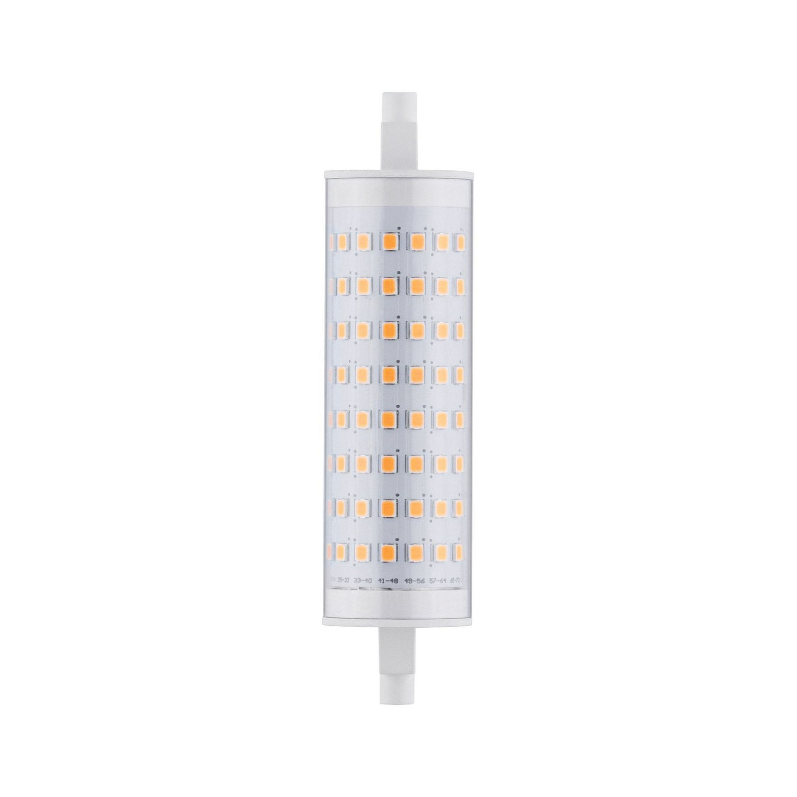 Eine lange, zylindrische LED-Leuchte. Sie ist weiß mit vielen kleinen orangefarbenen LED-Leuchten im Inneren.