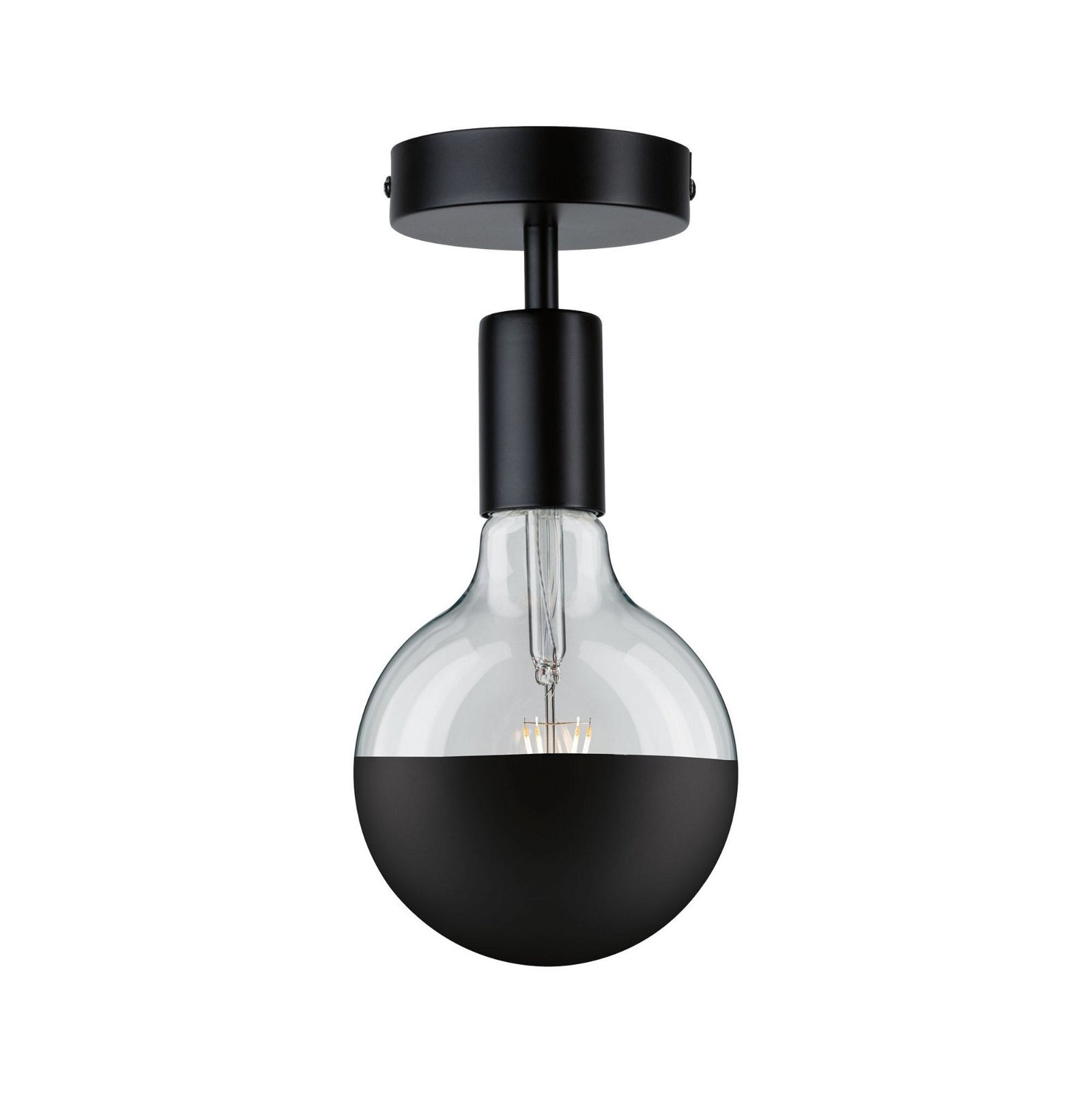 Lampadina nera e trasparente con base argentata. La lampadina è metà nera, metà trasparente.
