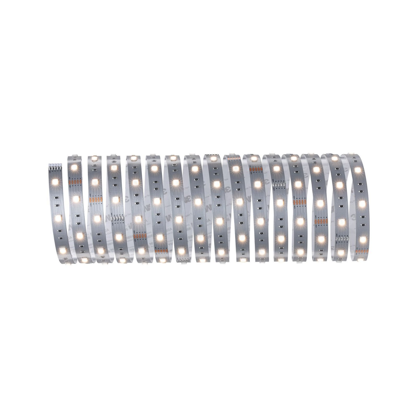 Flexibler LED-Streifen, aufgerollt. Lichter sind weiß, Streifen auf weißem Hintergrund.