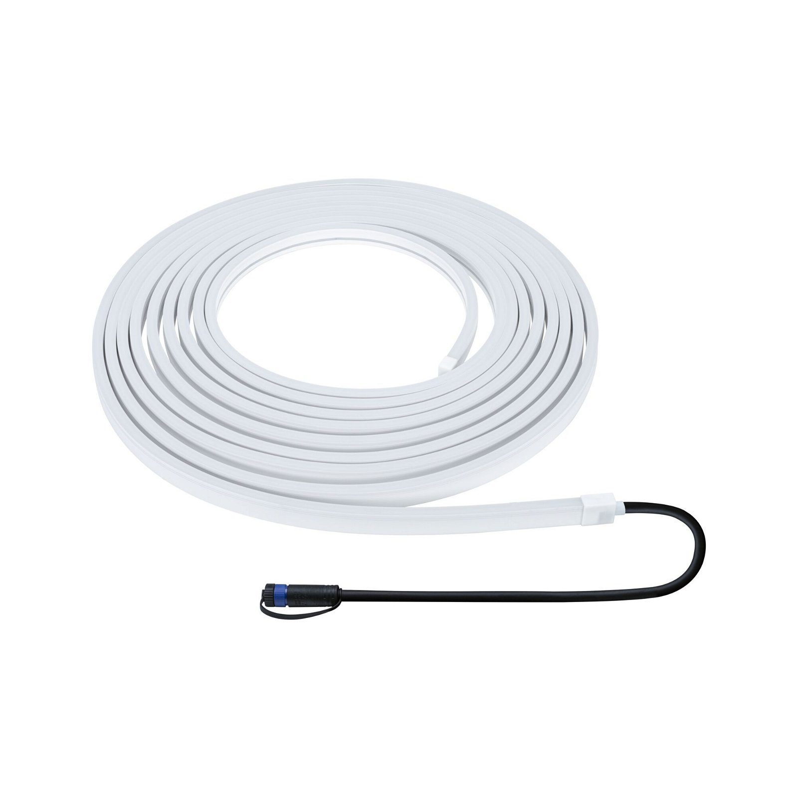 Weißes, flexibles LED-Lichtband aufgerollt, mit schwarzem Kabel und Stecker.