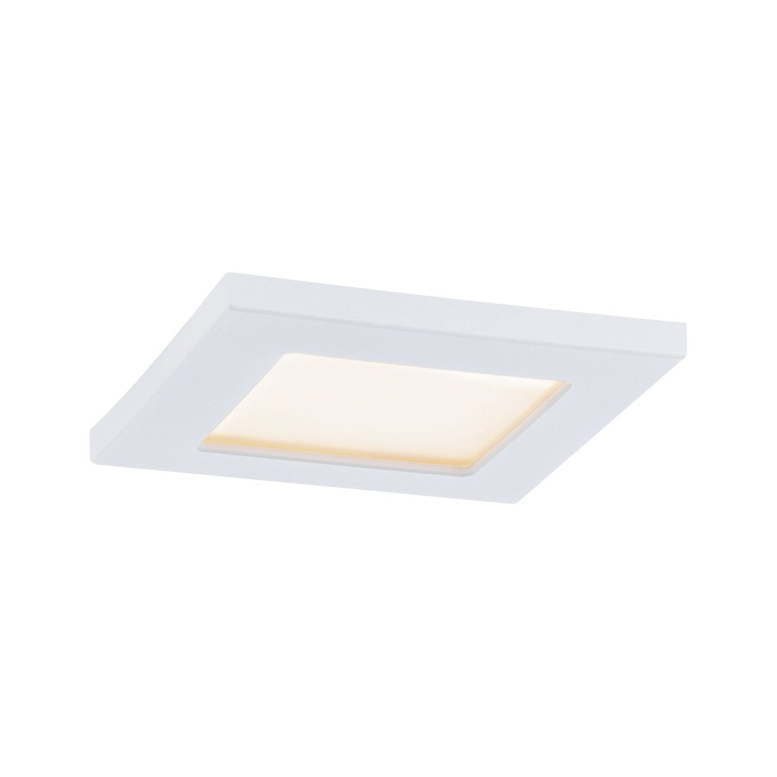 Un apparecchio di illuminazione a LED quadrato bianco con un centro incassato, rettangolare e illuminato di giallo.
