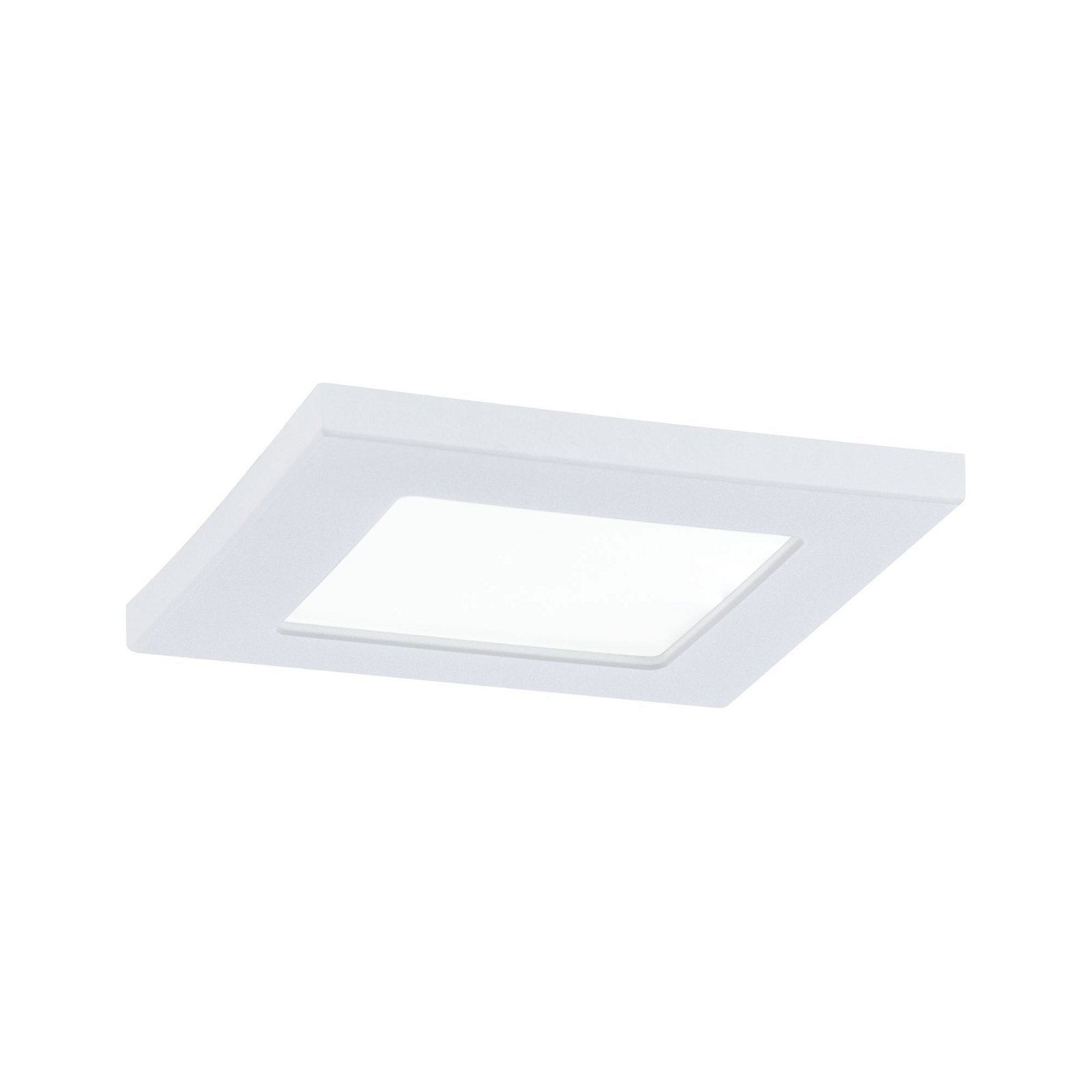 Una plafoniera quadrata bianca con un rettangolo centrale illuminato.