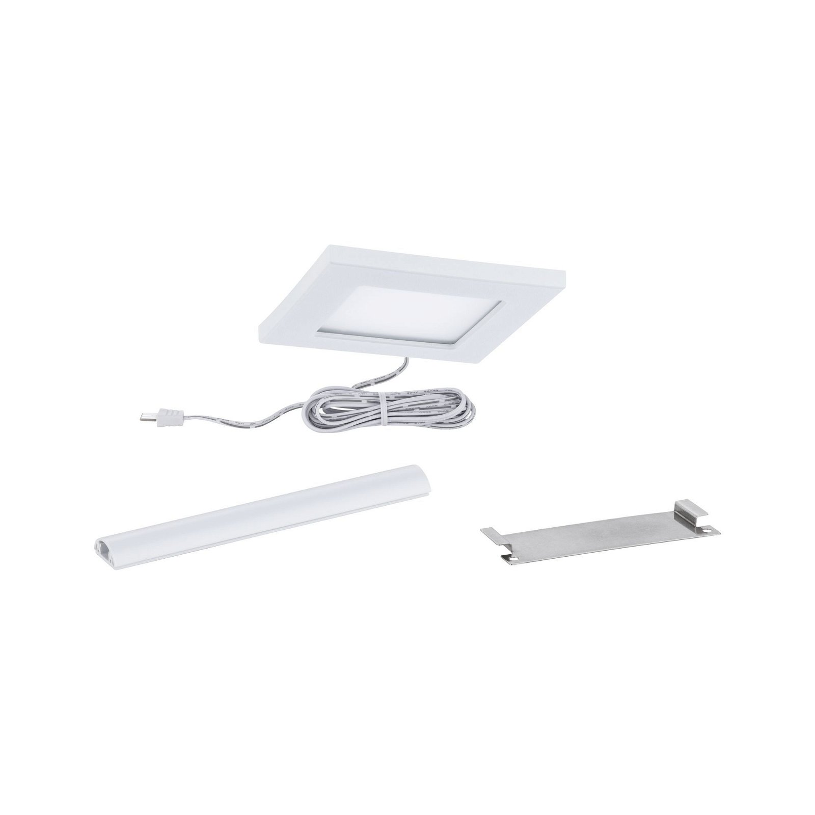 Un apparecchio di illuminazione bianco angolato, con luce soffusa, su sfondo grigio.