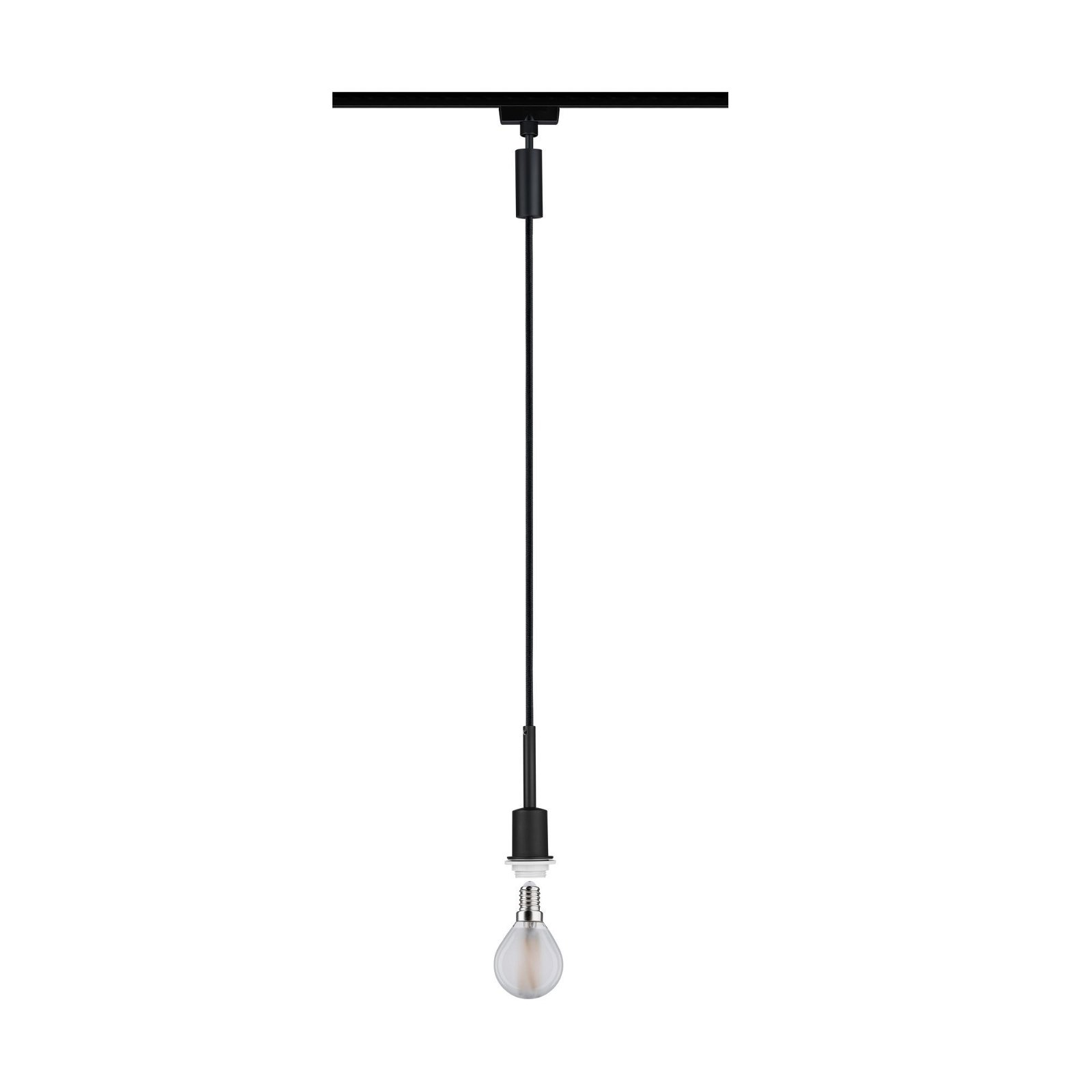 Ein schwarzes Kabel hängt von oben mit einer Glühbirne am Ende vor weißem Hintergrund.