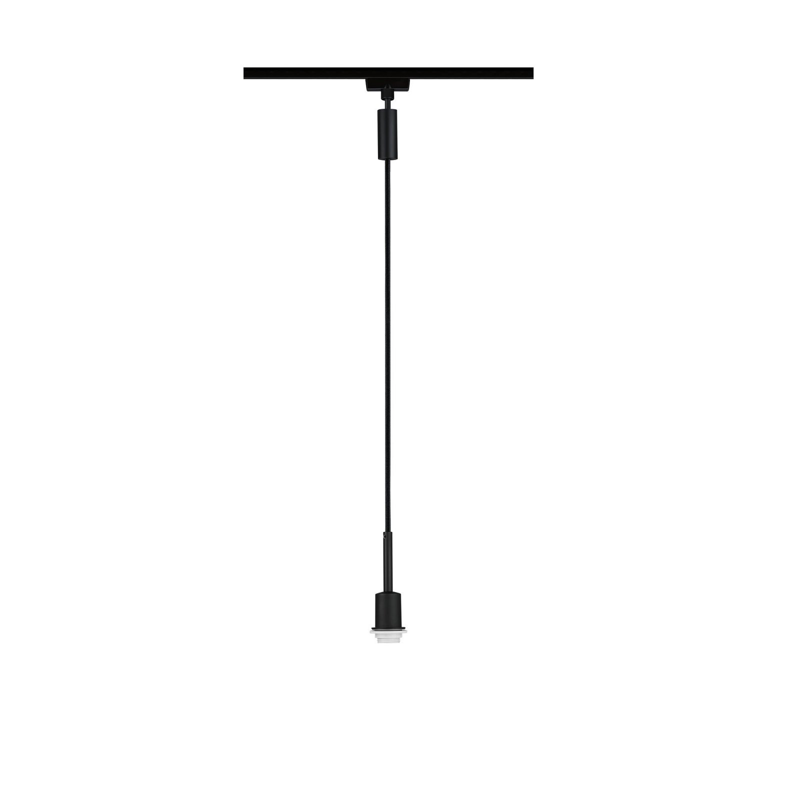 Schwarze Pendelleuchte mit schwarzem Kabel, das von oben hängt, vor weißem Hintergrund.