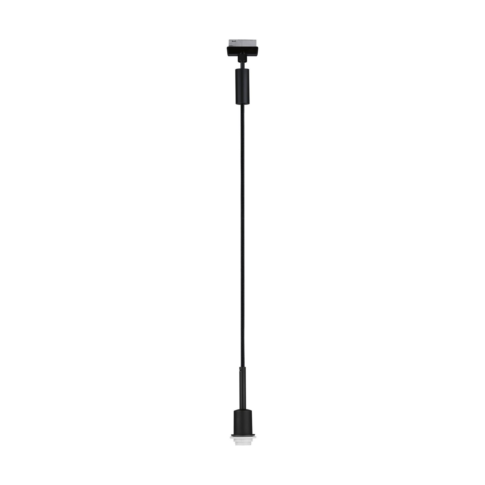 Eine schwarze Pendelleuchte mit einer weißen Glühbirne. Weißer Hintergrund.