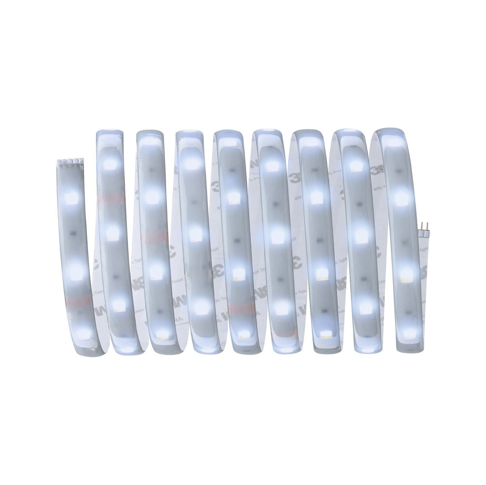 Eine Spule aus weißem LED-Lichtband, weißer Hintergrund.