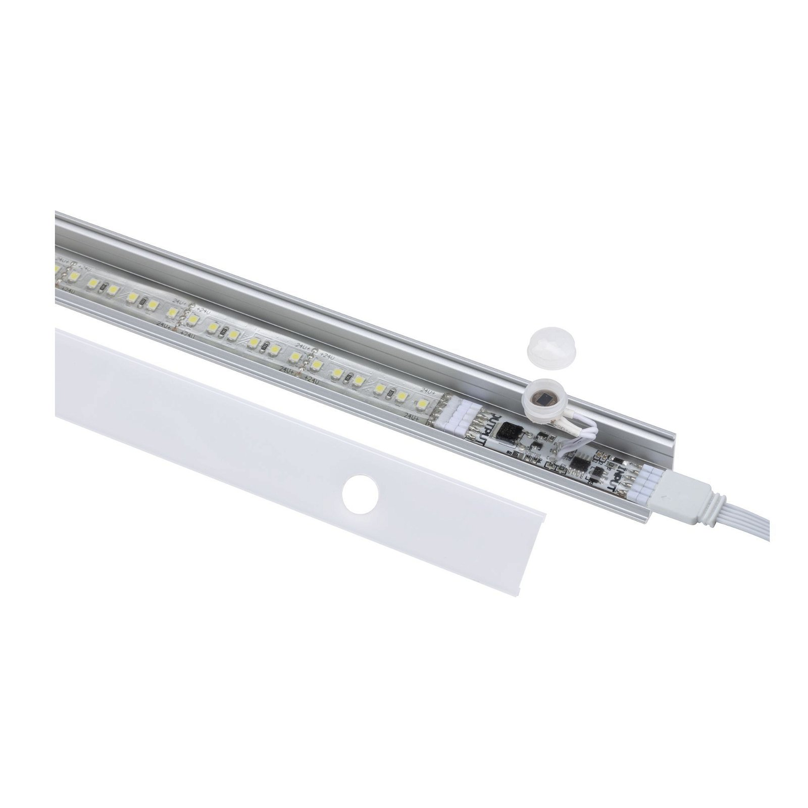 Ein linearer LED-Lichtstreifen mit Aluminiumrahmen und weißer Abdeckung. Ein Draht ist angeschlossen.