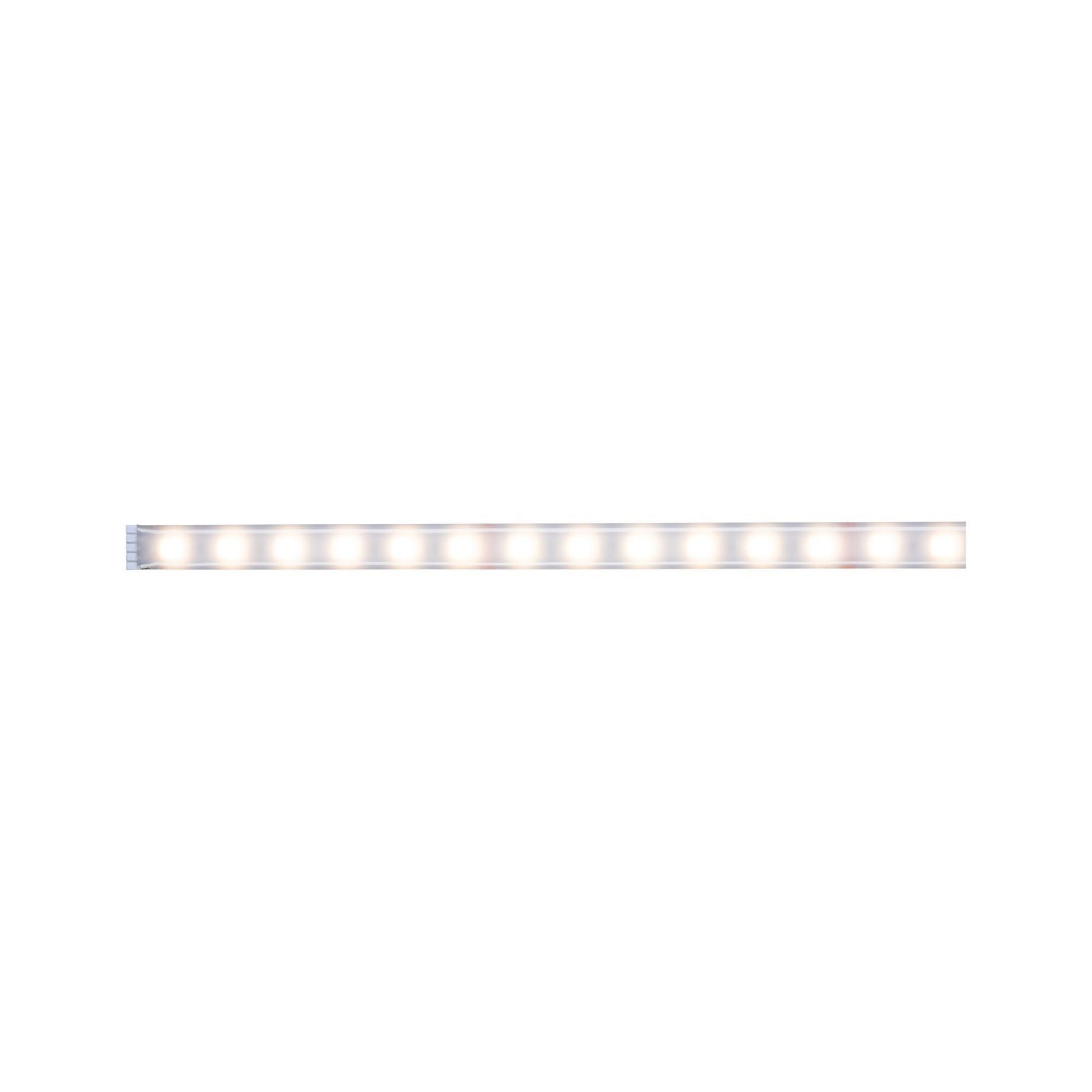 Ein gerader LED-Lichtstreifen, der warmweißes Licht auf weißem Hintergrund emittiert.
