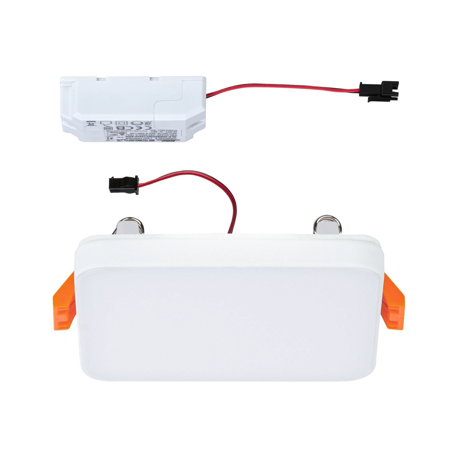 Zwei weiße rechteckige Lichter mit orangefarbenen Clips und eine kleine weiße Box mit rotem Draht.