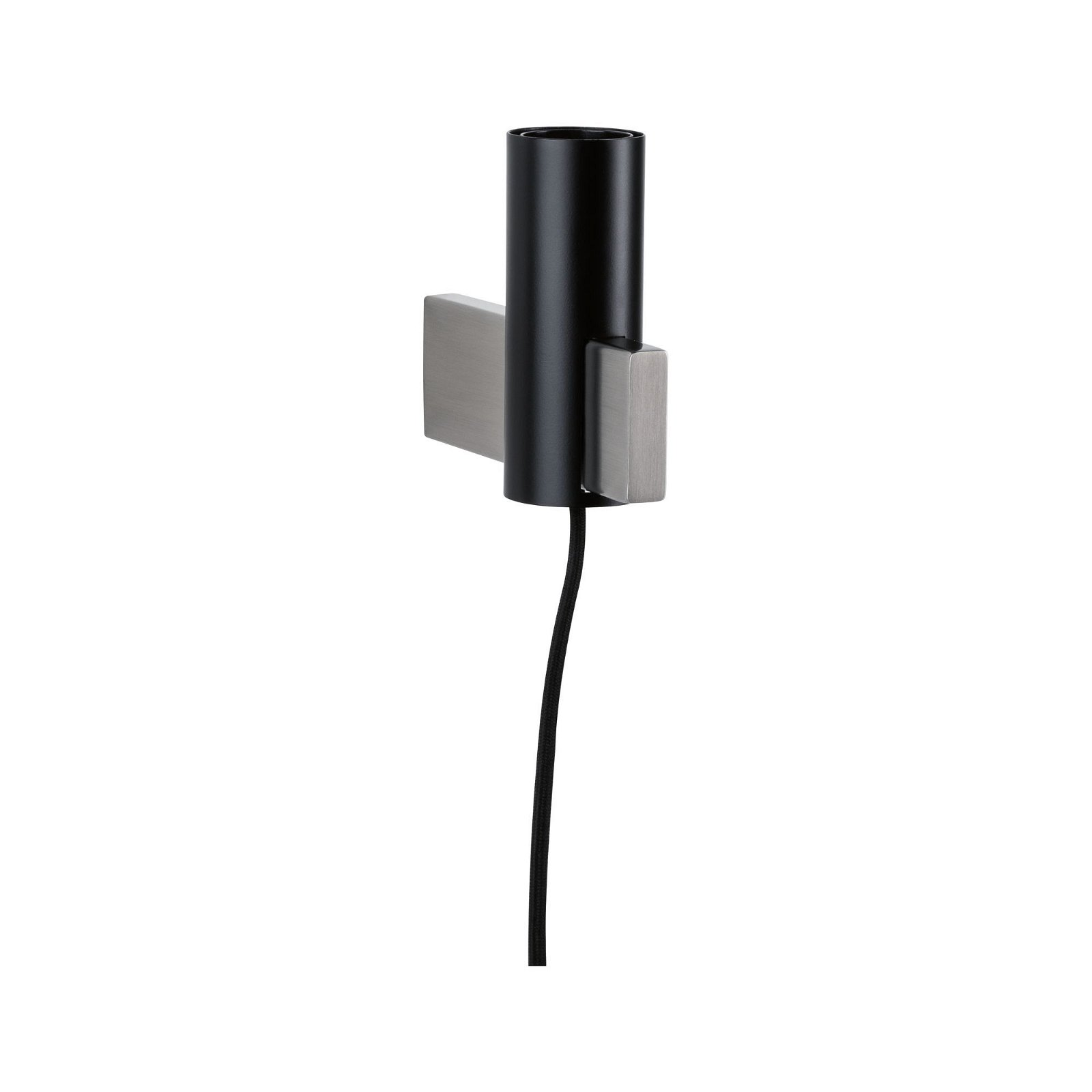 Schwarz-silberne Wandleuchte mit schwarzem Kabel, vor weißem Hintergrund.