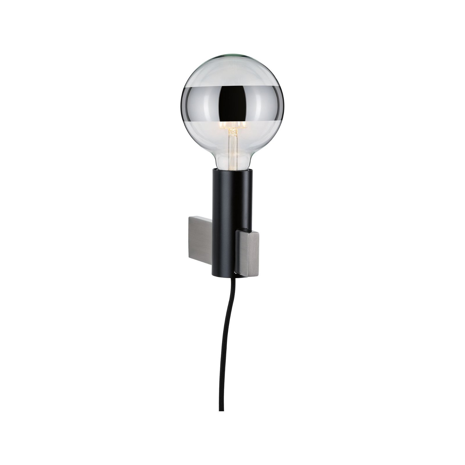 Eine Lampe mit gestreifter Glühbirne und schwarzem und silbernem Sockel.