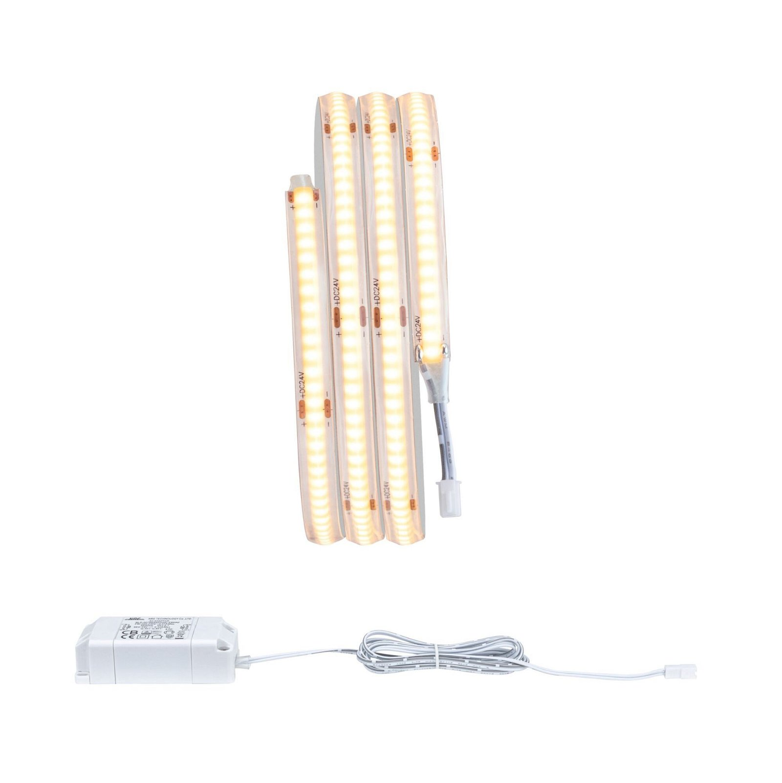 Eine quadratische LED-Lampe, ein weißes Rohr und eine Metallhalterung.