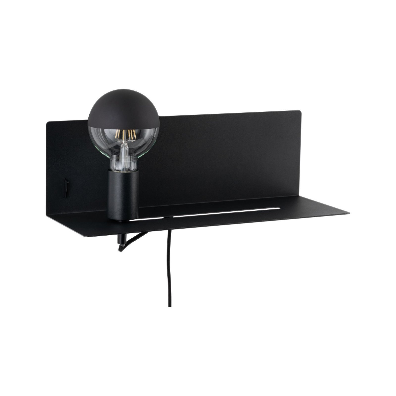 Ein schwarzes Regal mit einer daran befestigten Glühbirnenlampe vor einem weißen Hintergrund.
